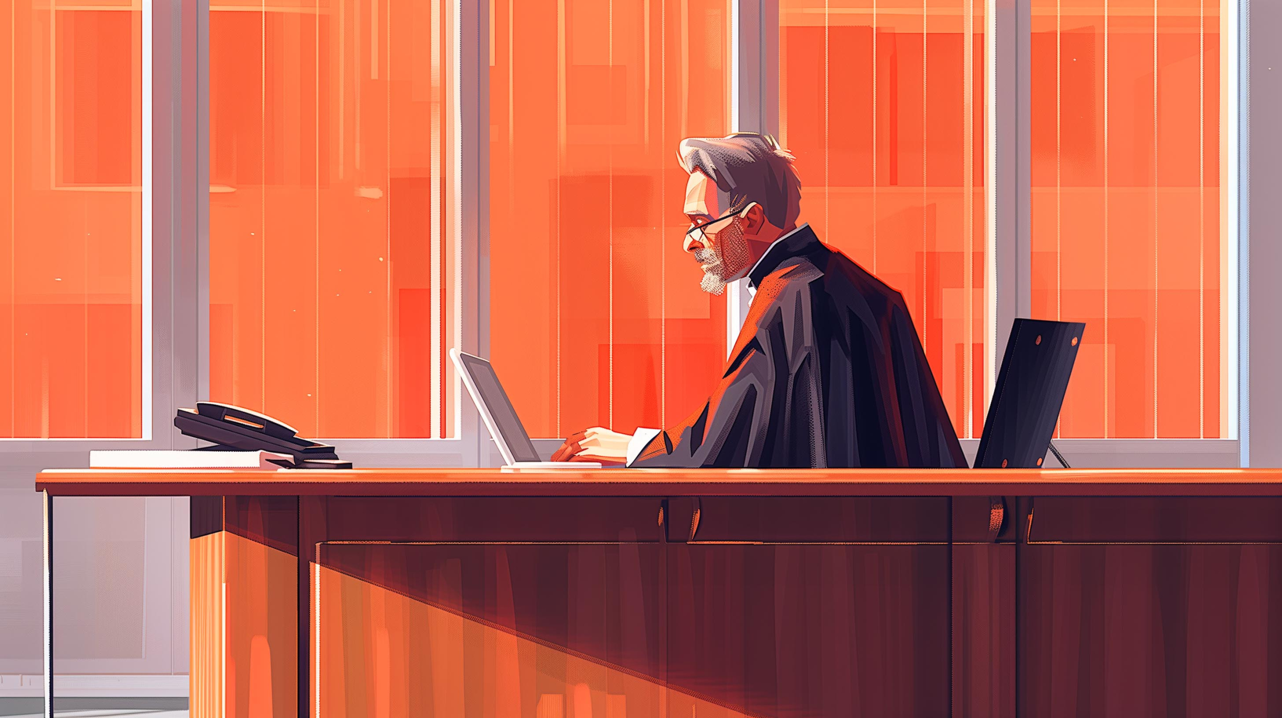 Barrister in a black robe sitting at a bench working on a laptop