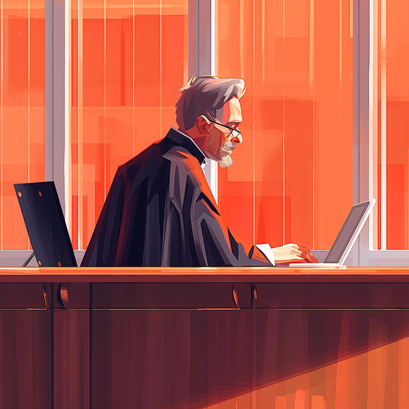 Barrister in a black robe sitting at a bench working on a laptop