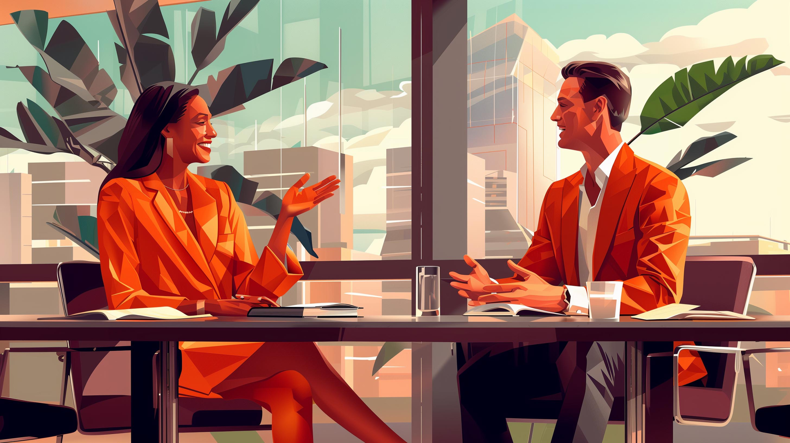 Business man and woman sitting in an office meeting