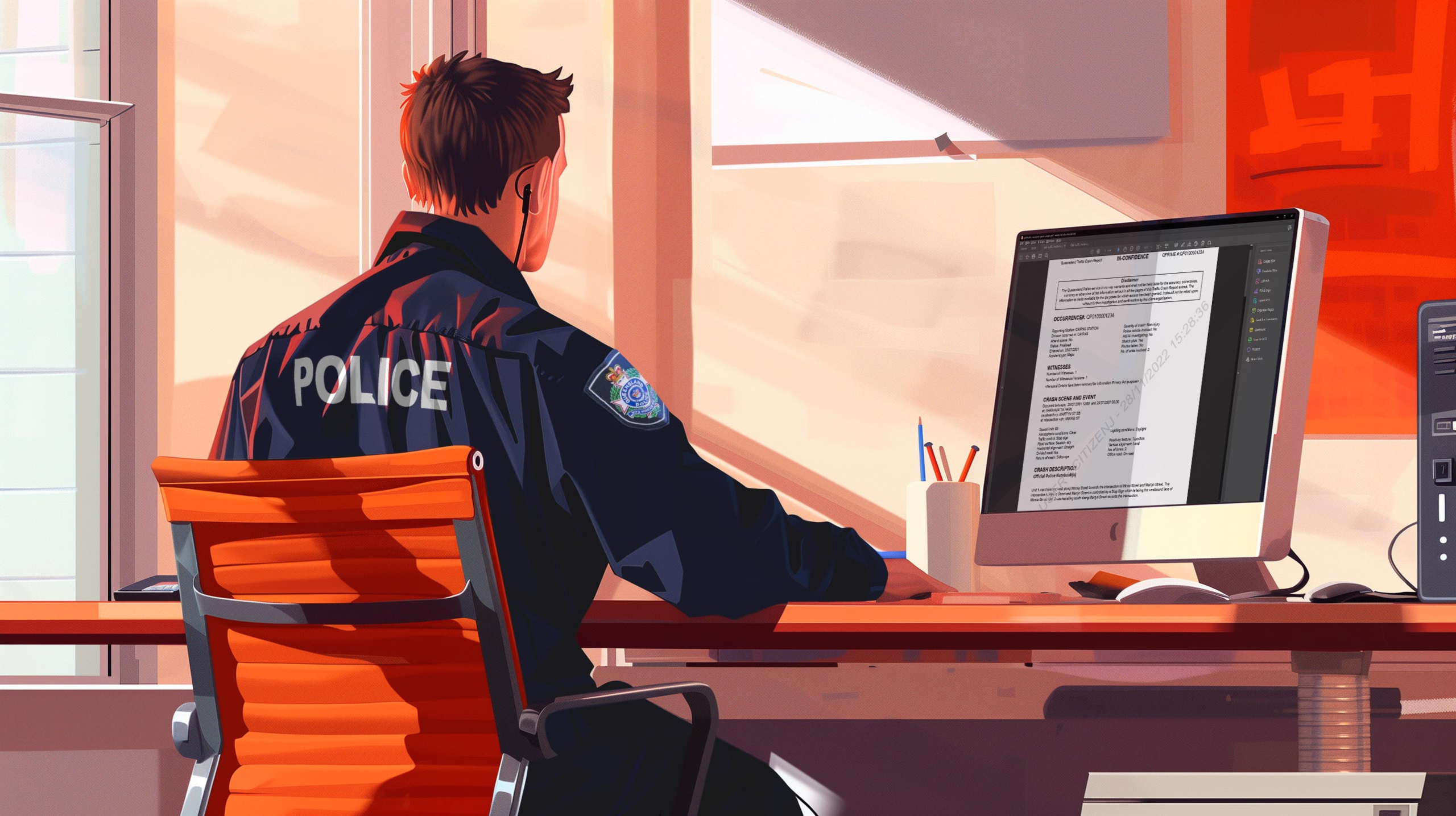 Queensland Police officer sitting at a desk while looking at a report on a computer