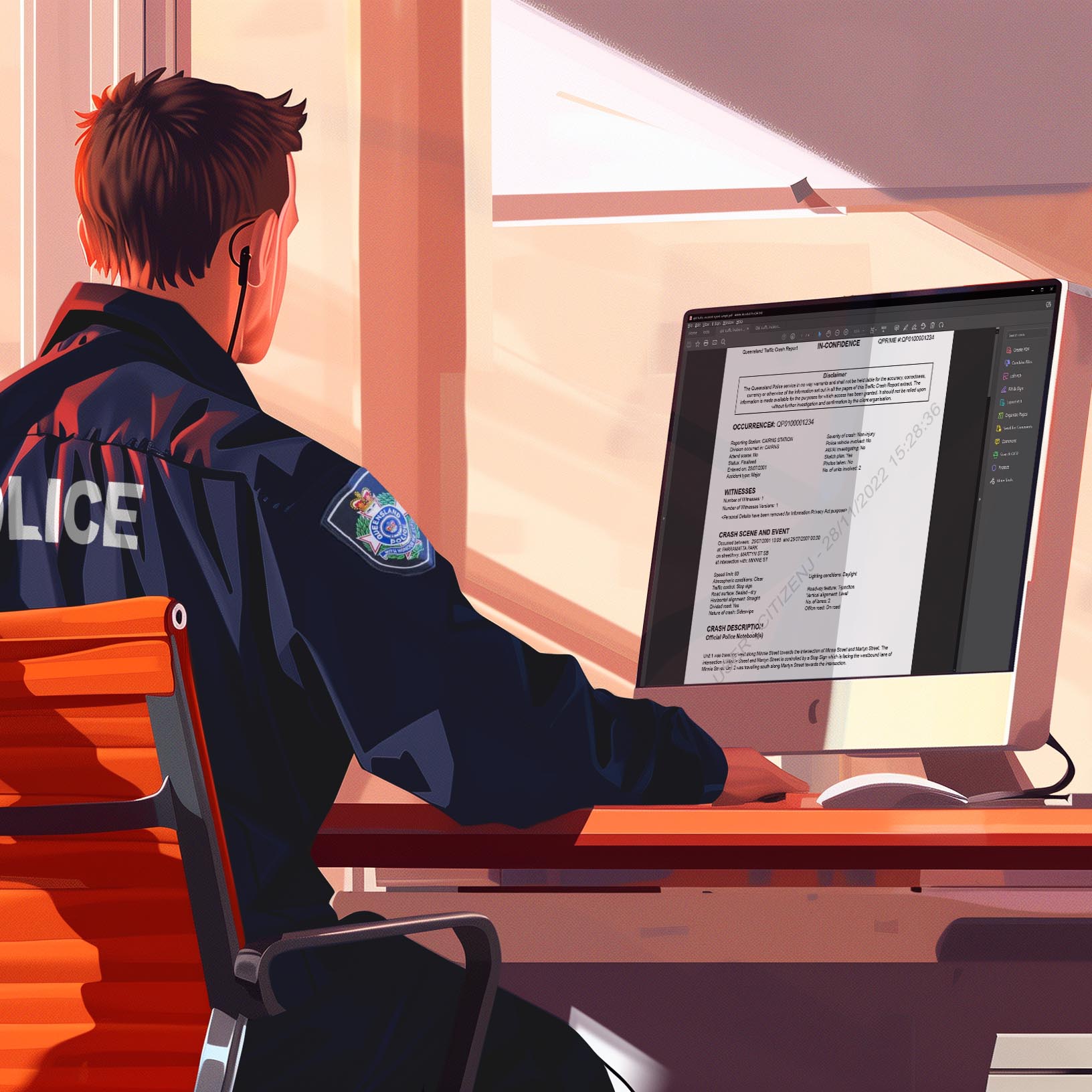 Queensland Police officer sitting at a desk while looking at a report on a computer