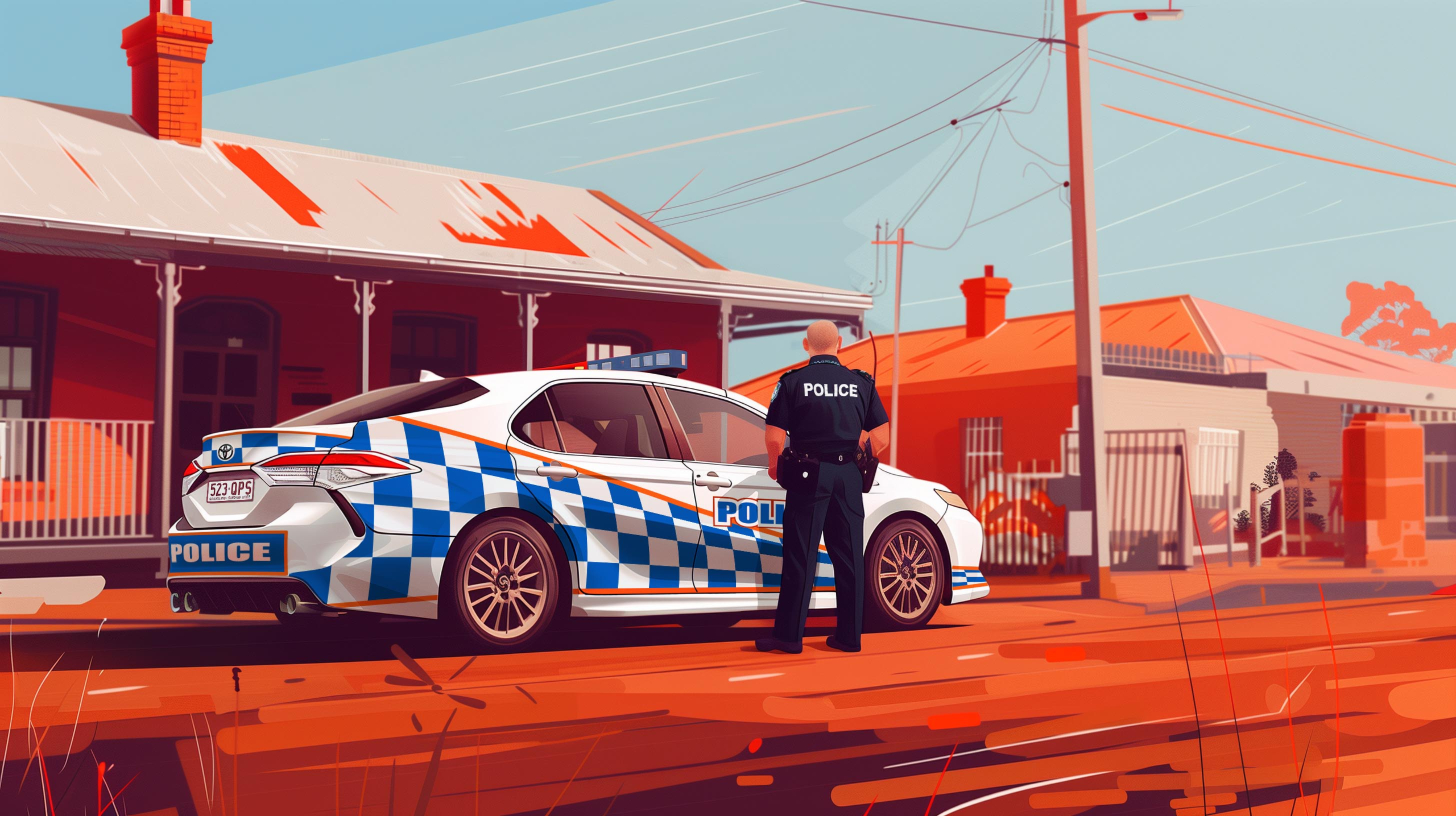 Queensland Police officer standing beside his vehicle in a country town