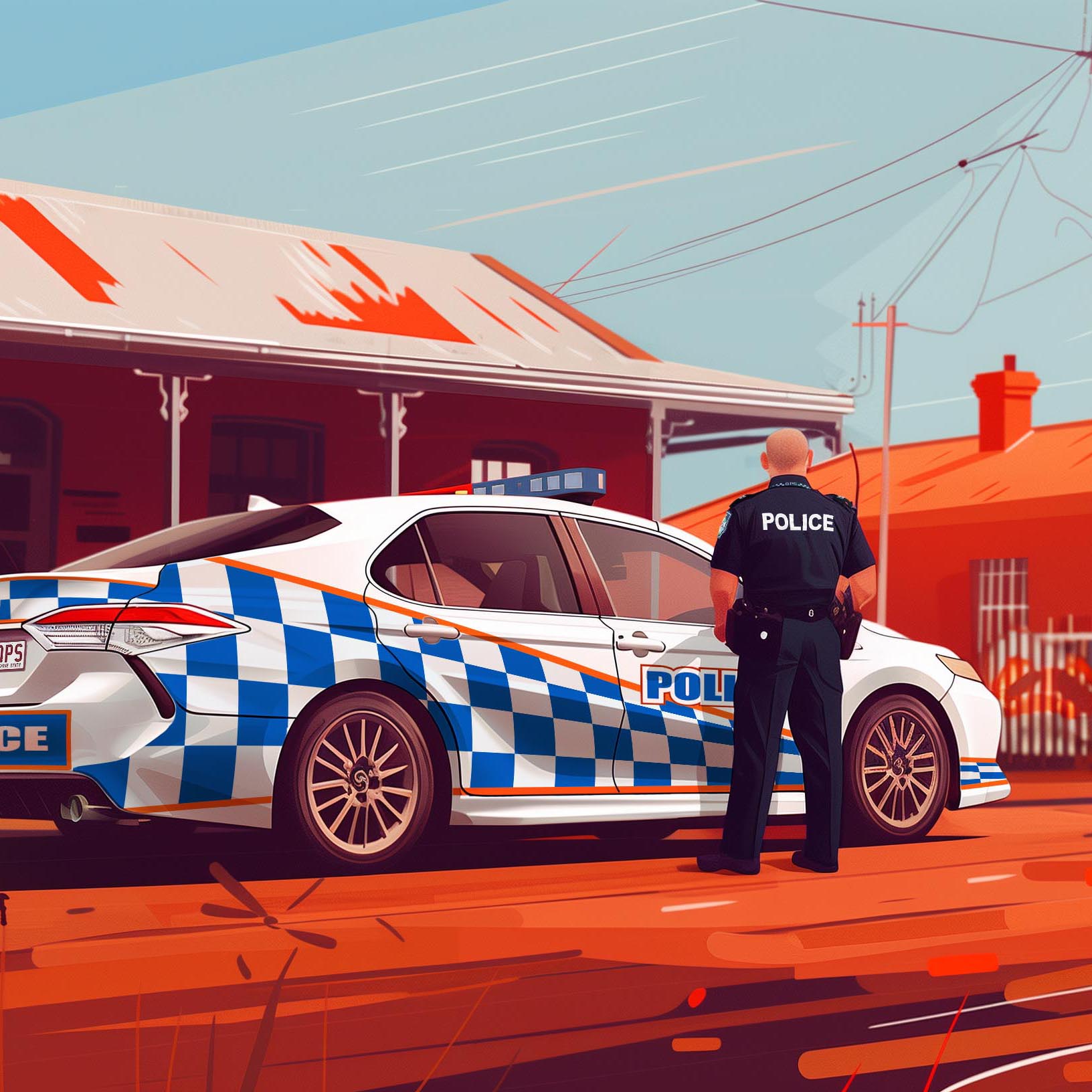 Queensland Police officer standing beside his vehicle in a country town