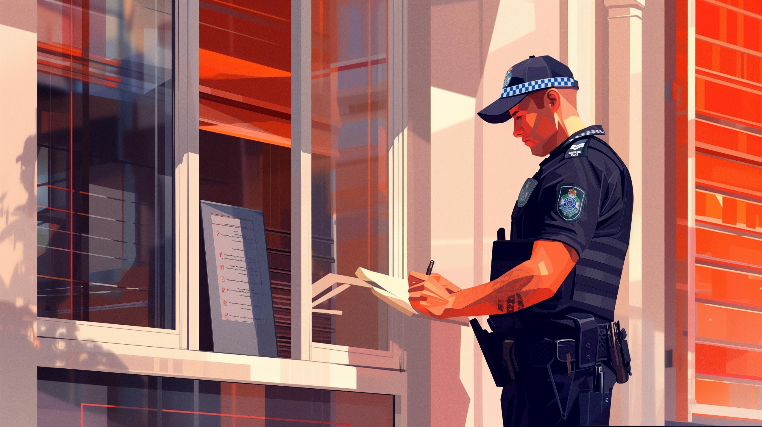 Queensland Police officer standing in front of a window writing a report