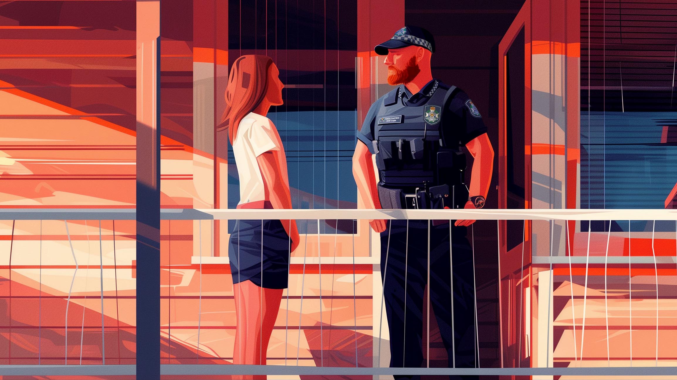 Queensland Police officer standing on a verandah speaking with a young woman