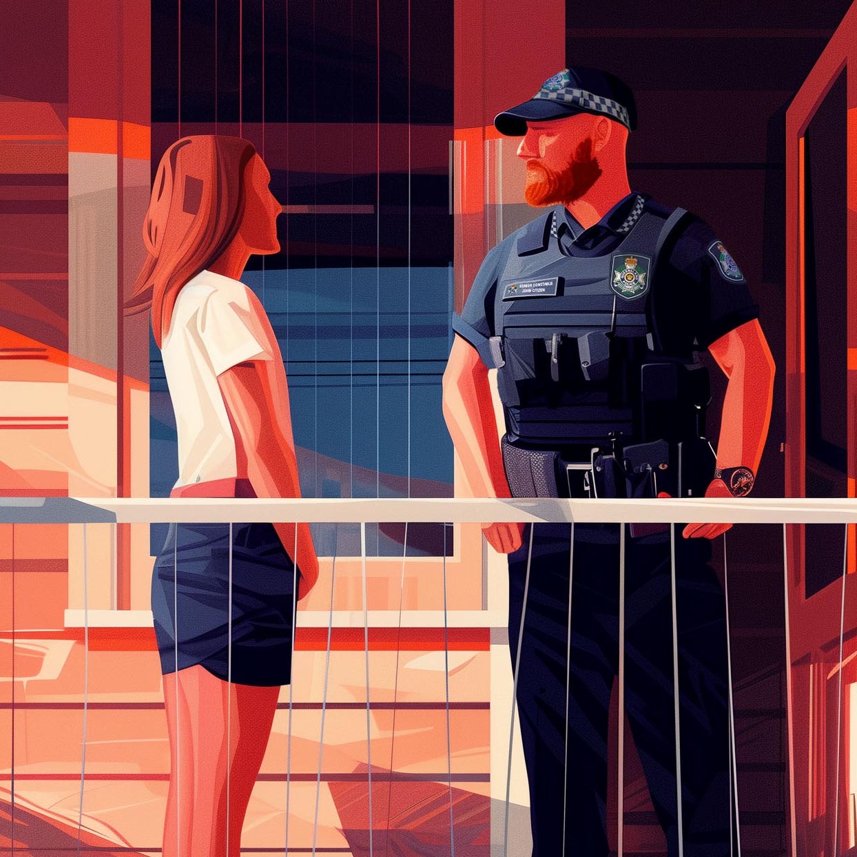 Queensland Police officer standing on a verandah speaking with a young woman