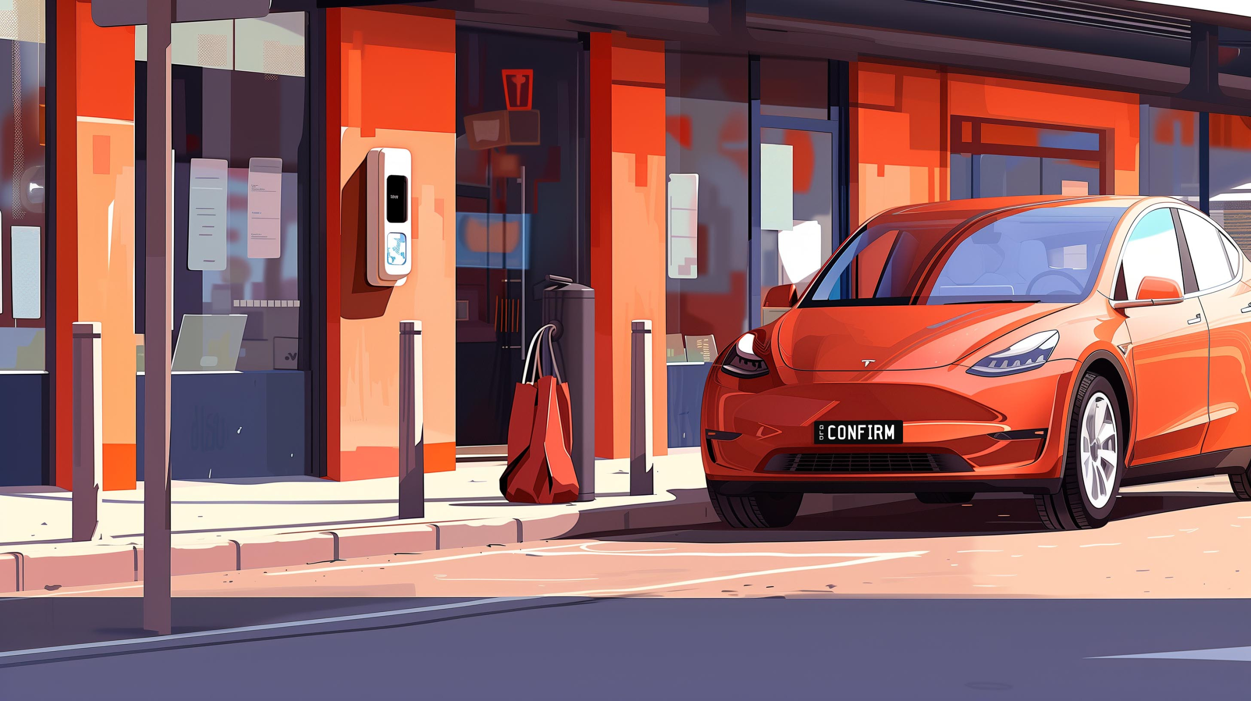 Red sedan parked in front of shops on a street