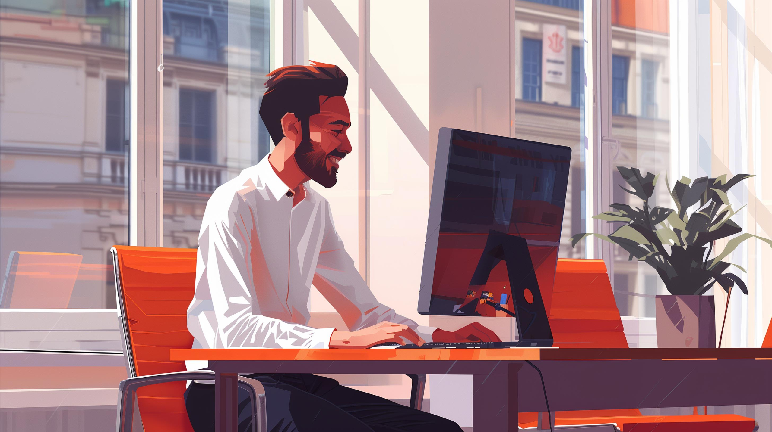 Young business man sitting at a desk in an office while using a computer and smiling