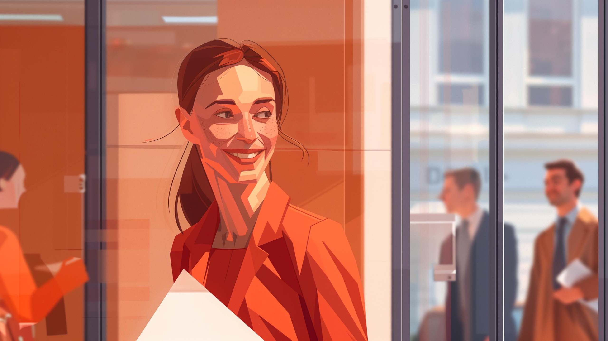 Young business woman walking in a busy office smiling over her shoulder