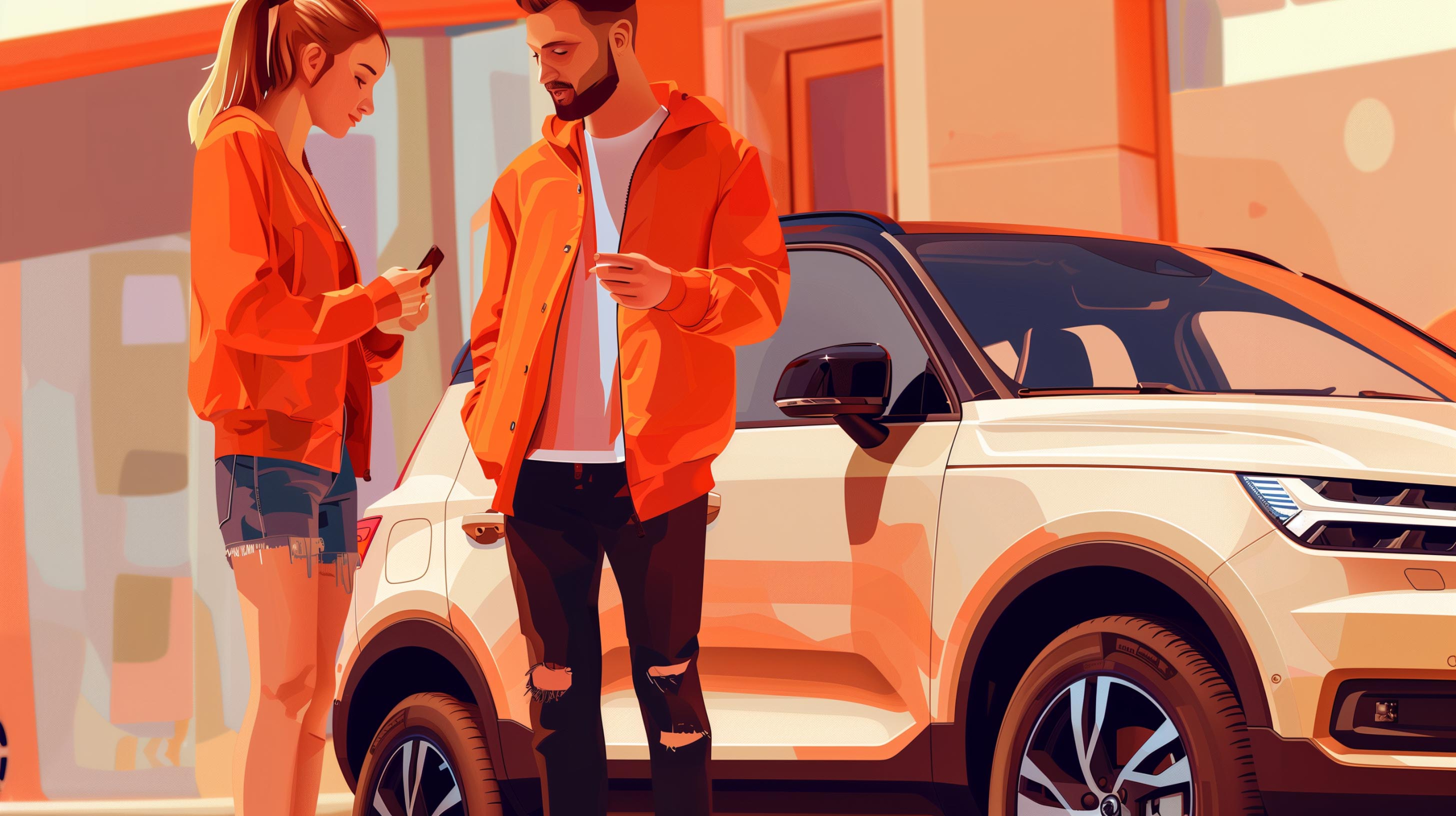 Young man and woman standing next to an SUV and reading a smartphone