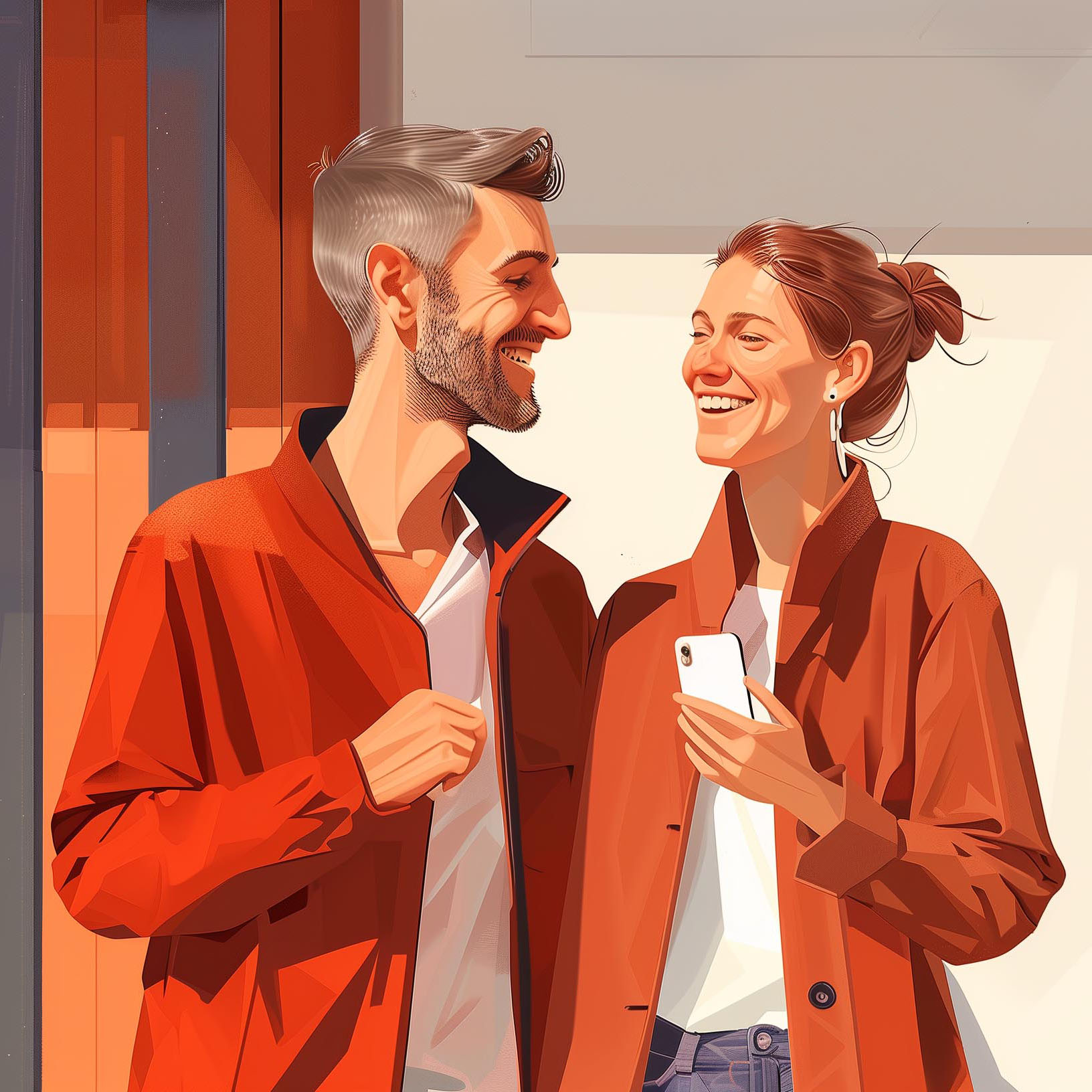 Man and woman standing outside a house looking at each other and laughing together