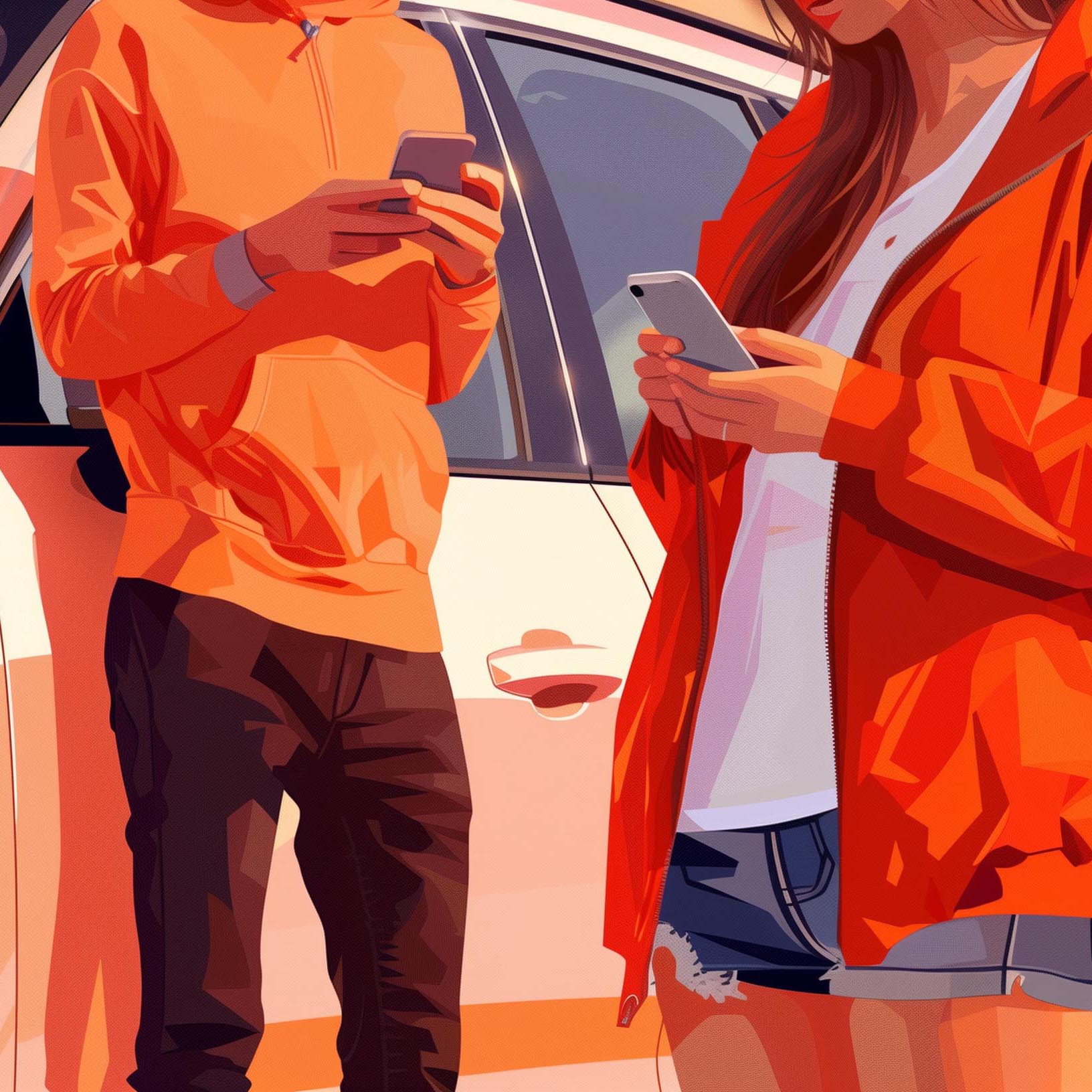 Young man and woman standing next to an SUV and checking smartphones